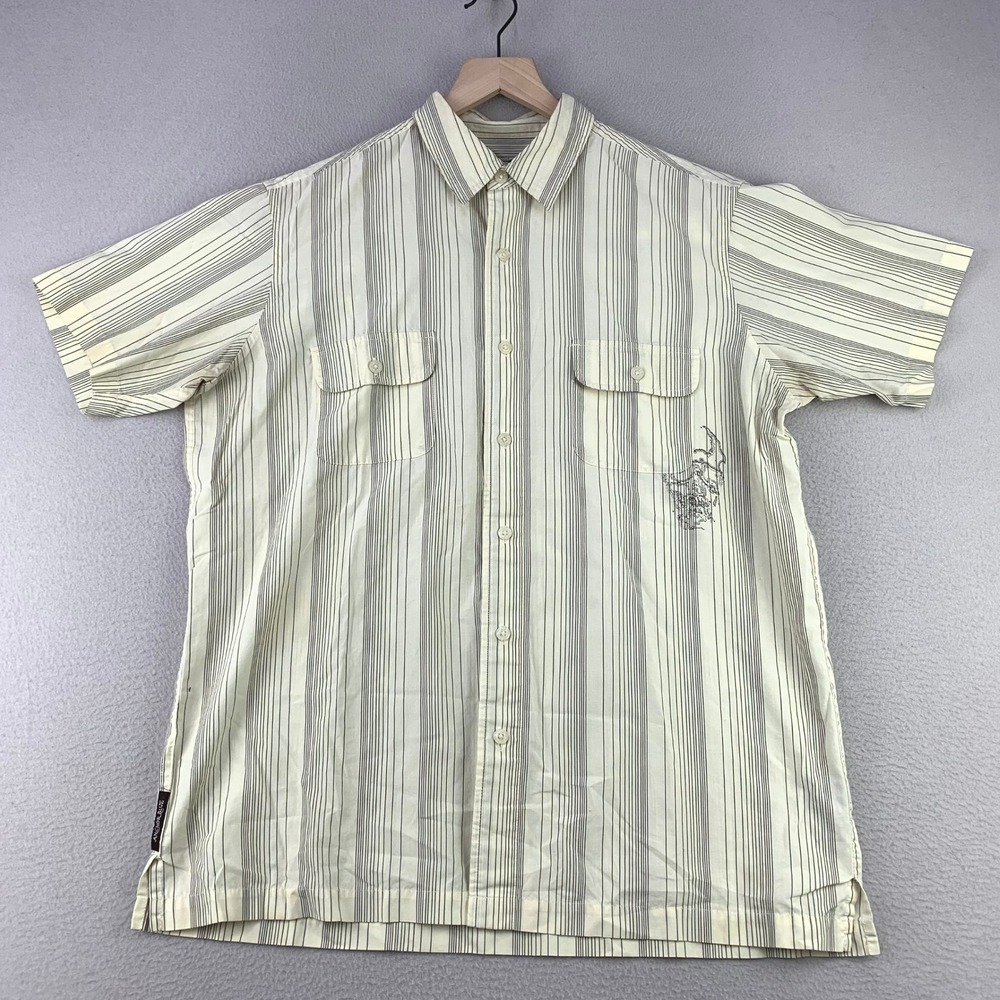 Vintage Anchor Blue Striped Shirt Mens‎ Large Cream Y2K Short Sleeve Pockets